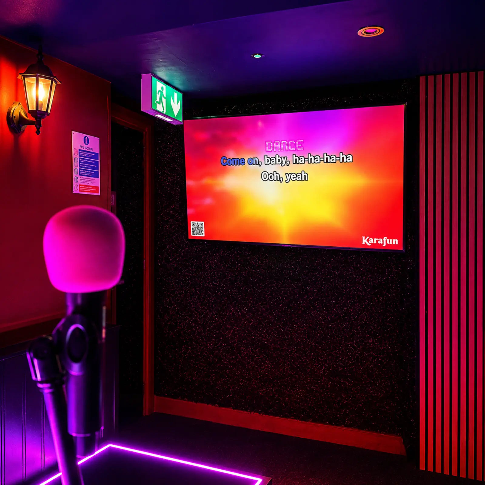 Karaoke screen with song lyrics and microphone on the Karaoke Terrace at Plunkets Pub Dublin