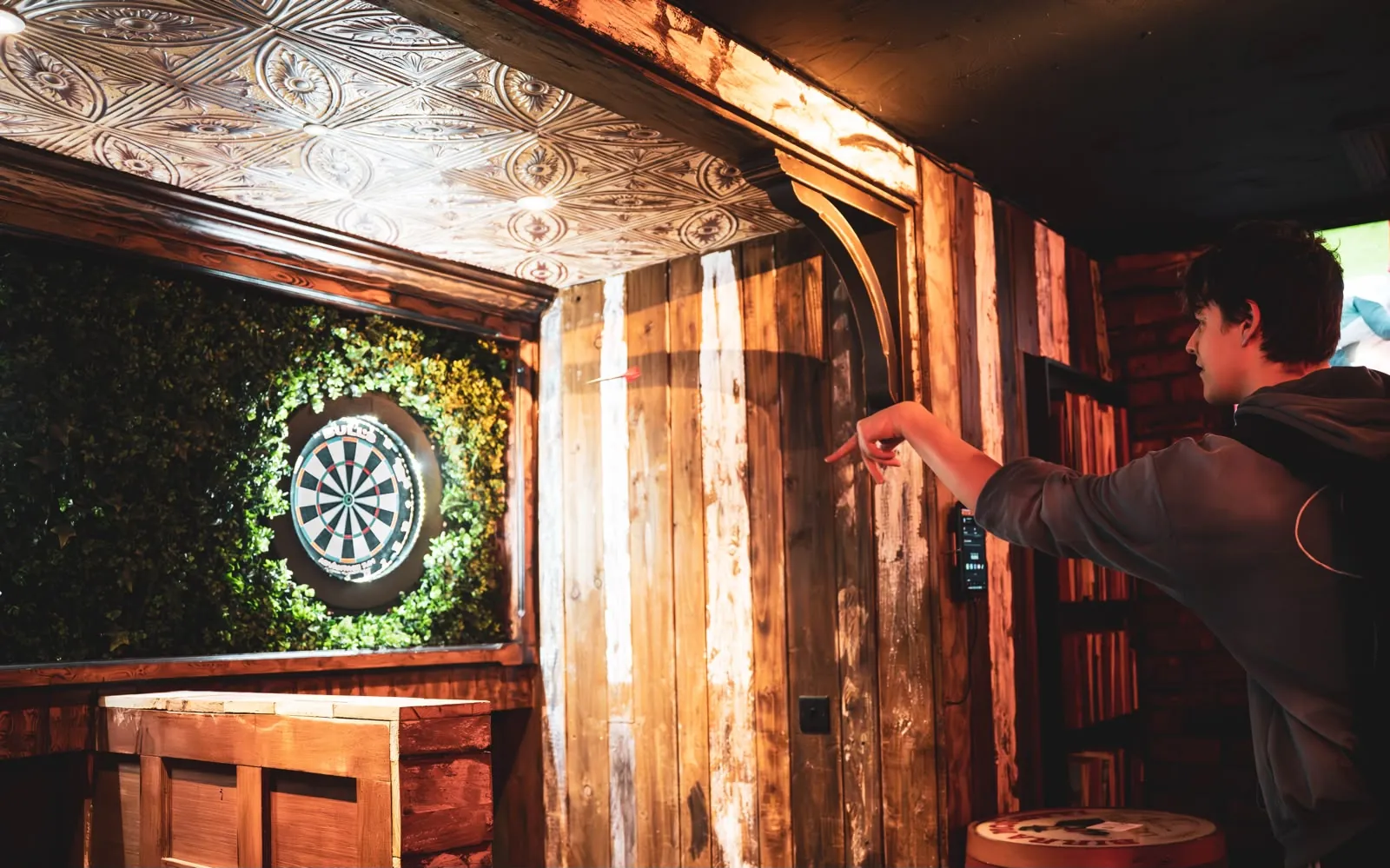 Darts match at the tournament-grade oche inside Plunkets Pub Dublin