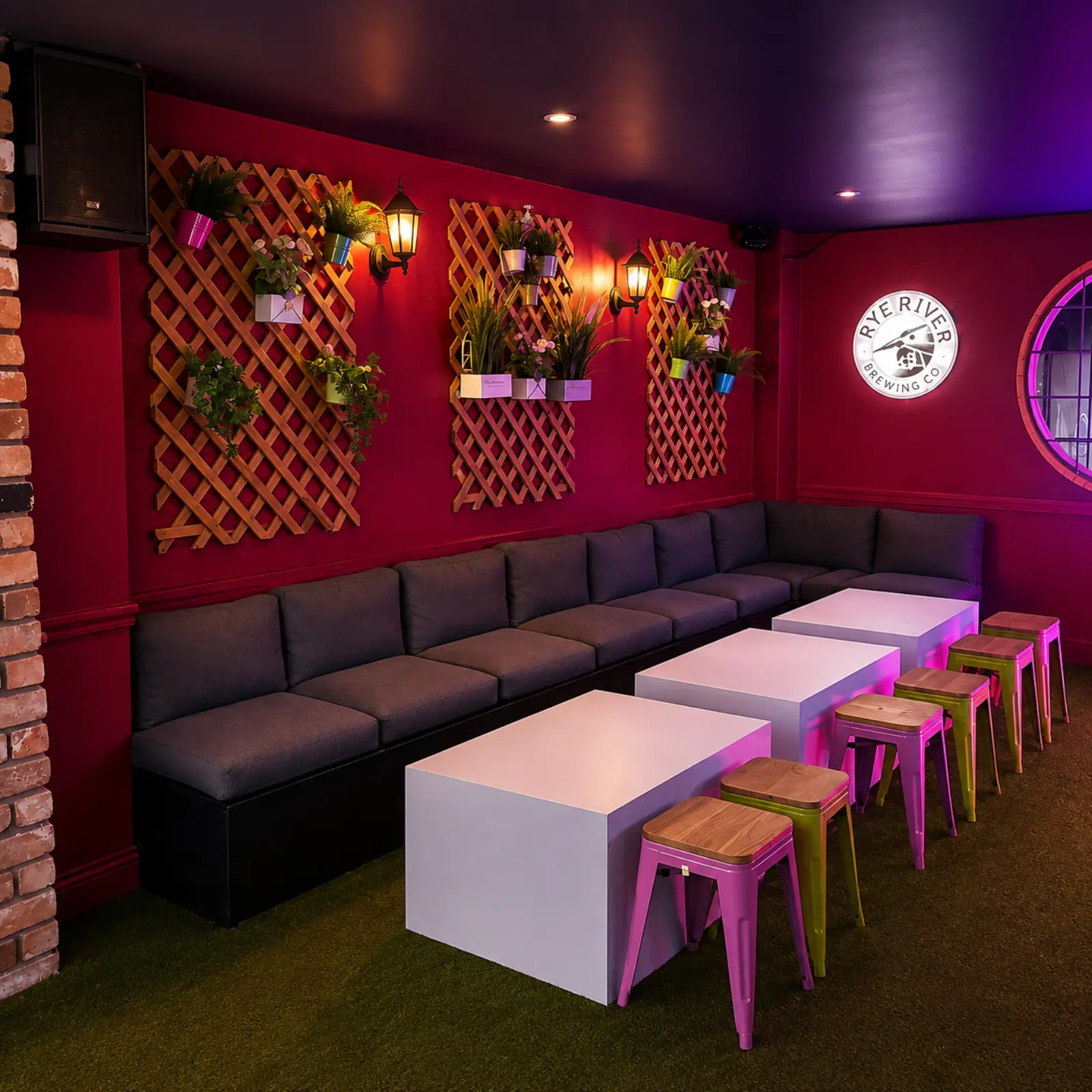 Booth seating and low tables on the Karaoke Terrace at Plunkets Dublin 1